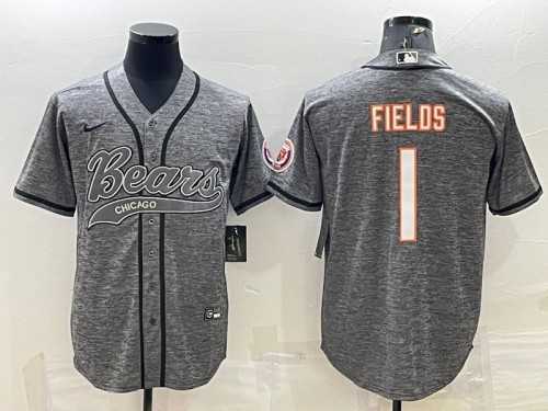 Mens Chicago Bears #1 Justin Fields Gray With Patch Cool Base Stitched Baseball Jersey->chicago bears->NFL Jersey